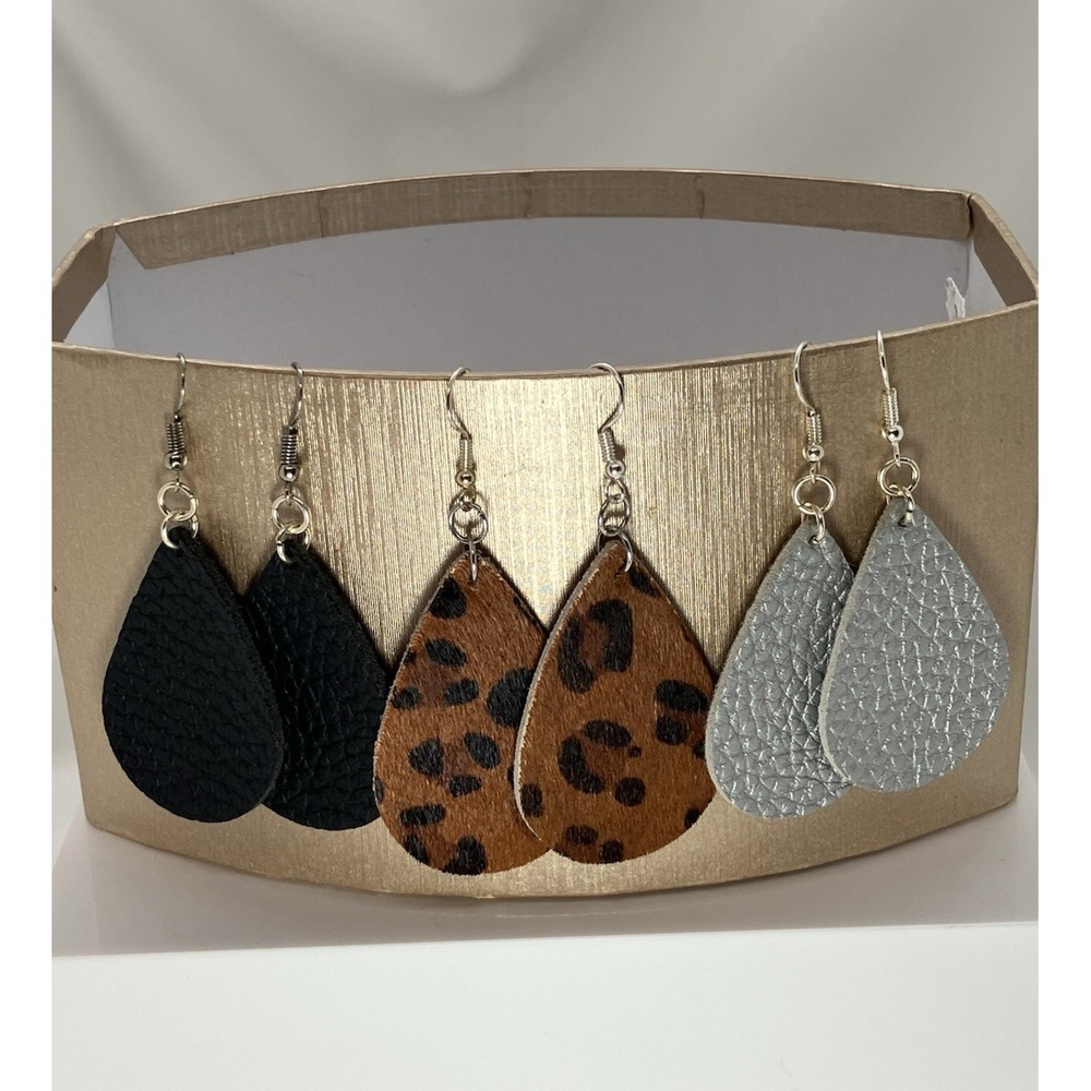 Lot of 3 Faux Leather Silver Tone Tear Drop Dangle Earrings Silver Black Leopard